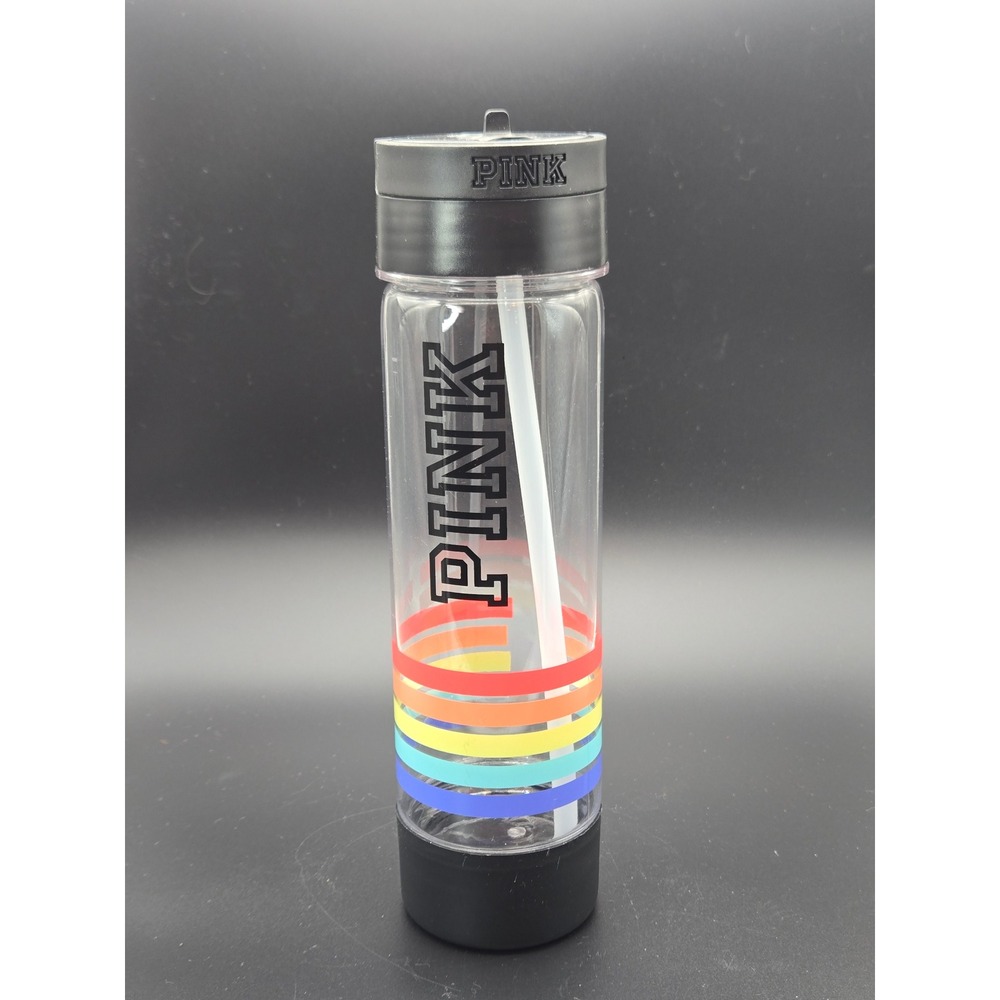 Victoria SECRET "PINK" 24 Fl oz CAMPUS Water Bottle Black Rainbow Stripes